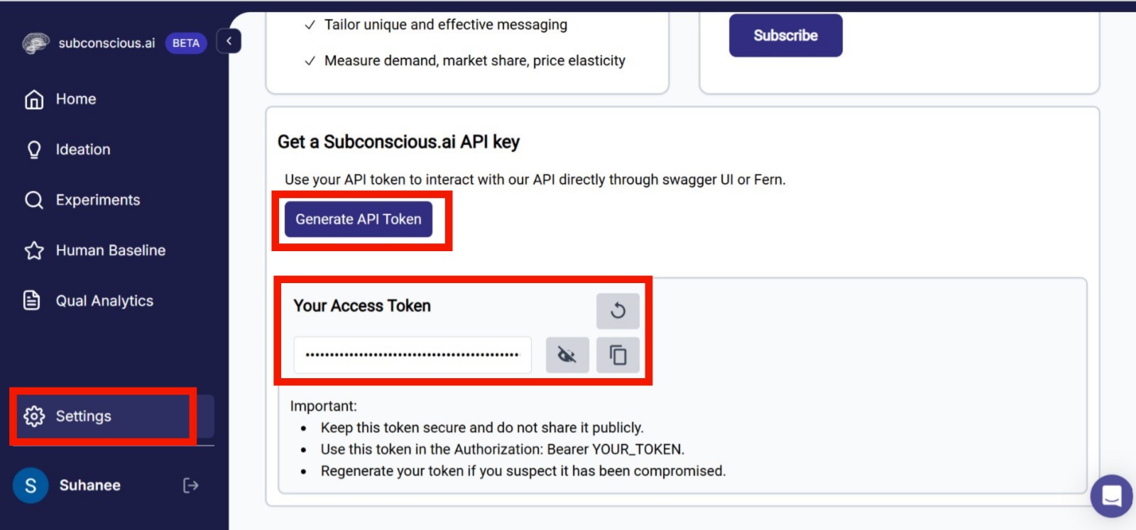 The Generate Access Token control on the settings page